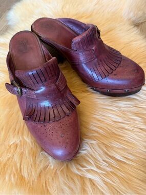 Frye Women’s Burgundy Leather Fringe Clog Mules